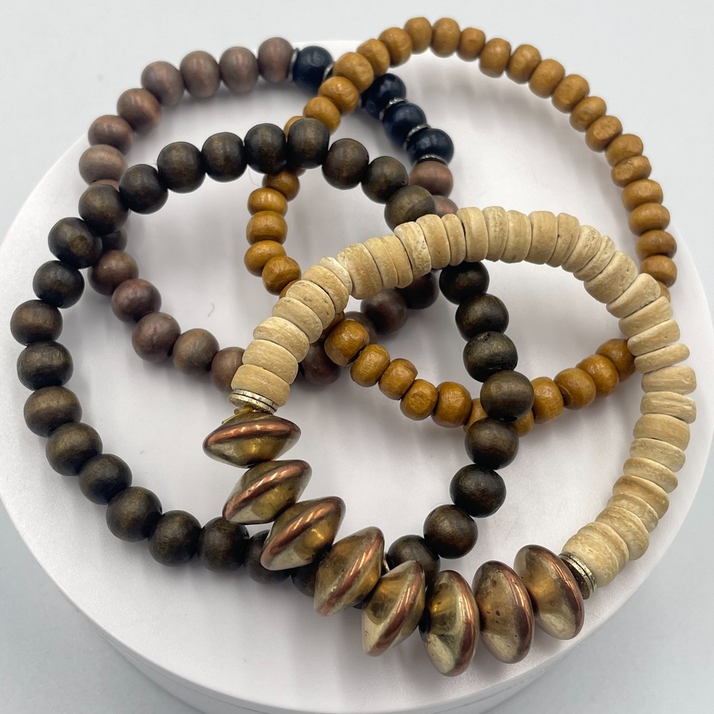 Vintage 4 Pc Lot Stretch Beaded Bracelets Alex and Ani Boho Wood Metal Retro Set
